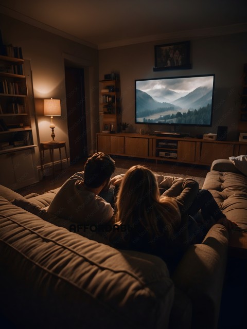 A couple watches a movie on a large screen TV