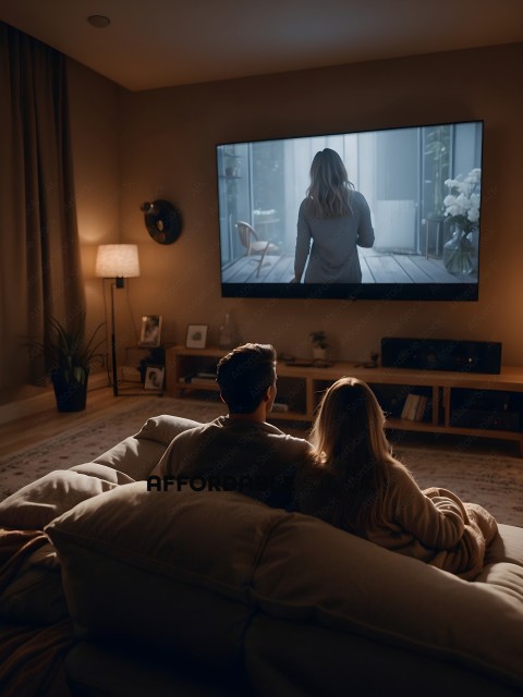 A couple watches a movie on a large screen television