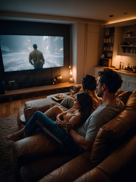A couple and a man watch a movie together on a large screen