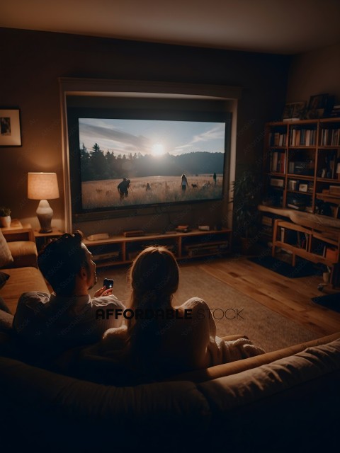 A couple watches a movie on a large screen TV