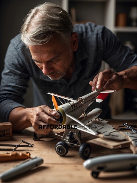 Man working on a model airplane