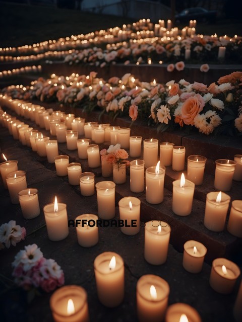 A row of lit candles in a flower arrangement