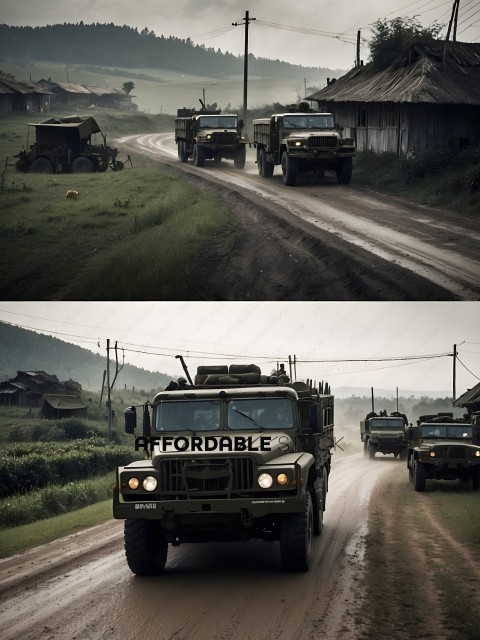 Military Vehicles Traveling Down a Dirt Road