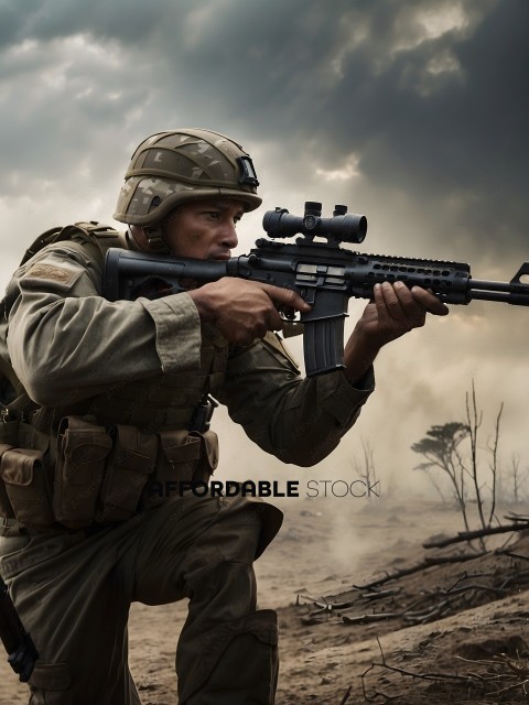 Soldier with a gun in a war zone