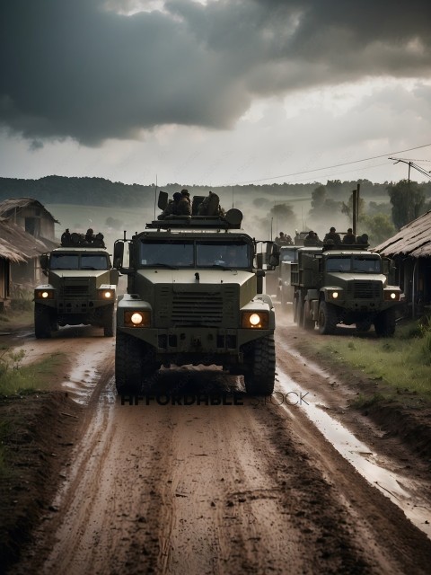 Military Vehicles Traveling Down a Dirt Road