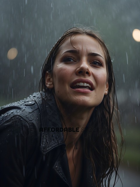 A woman in the rain with a black jacket