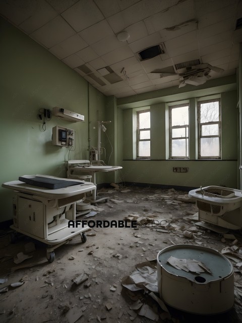 A hospital room with a destroyed floor and windows