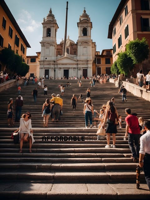People walking up and down a staircase in front of a building