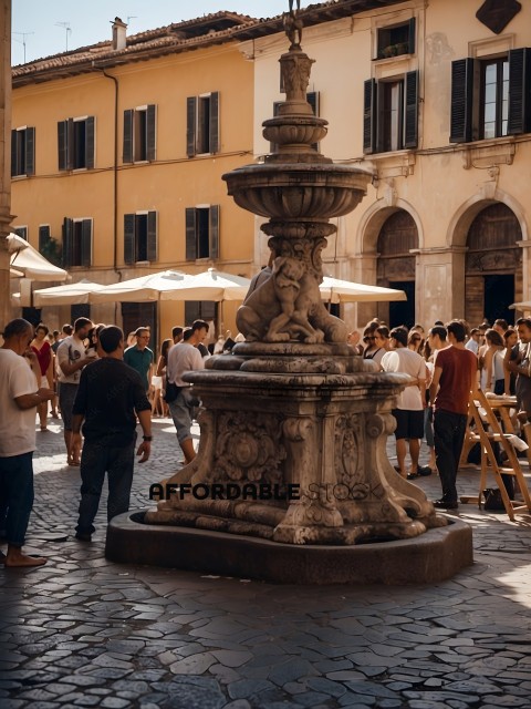 A crowd of people standing around a fountain