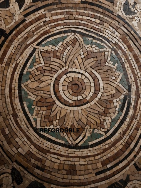 A mosaic of a flower with green and brown tiles