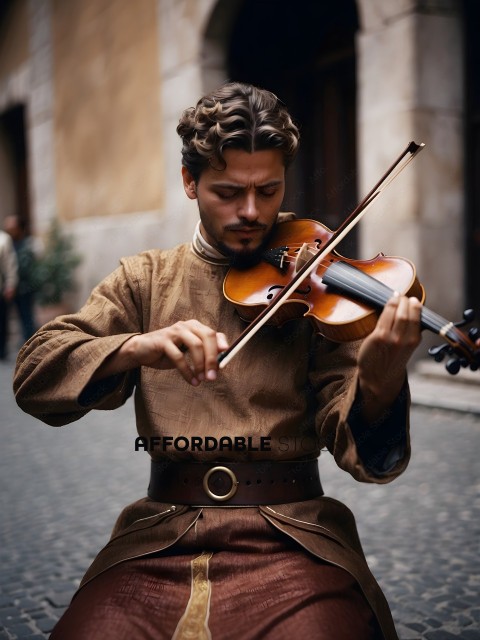 A man in a brown outfit playing the violin