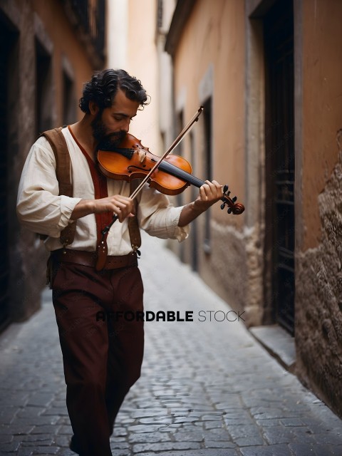 A man playing a violin on a sidewalk