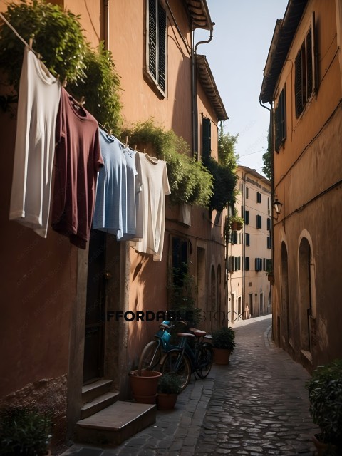 A narrow alleyway with a bicycle and potted plants