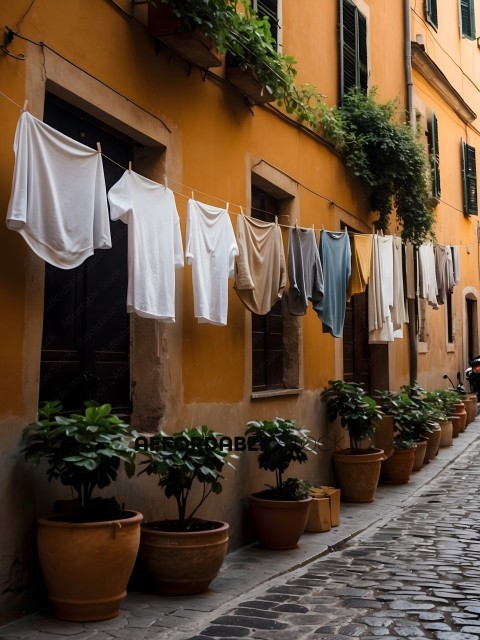 A row of potted plants and clothes line on a yellow building