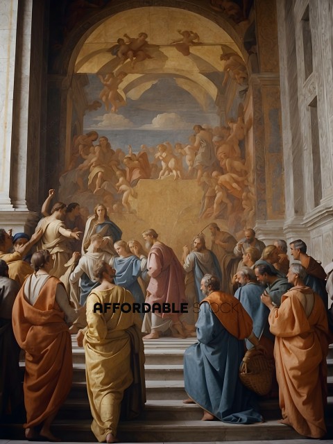 A group of people in ancient garb are gathered around a painting