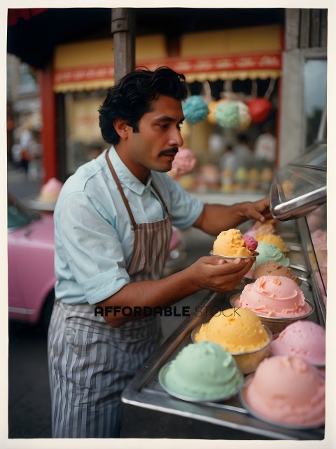 Man in apron serving ice cream cones