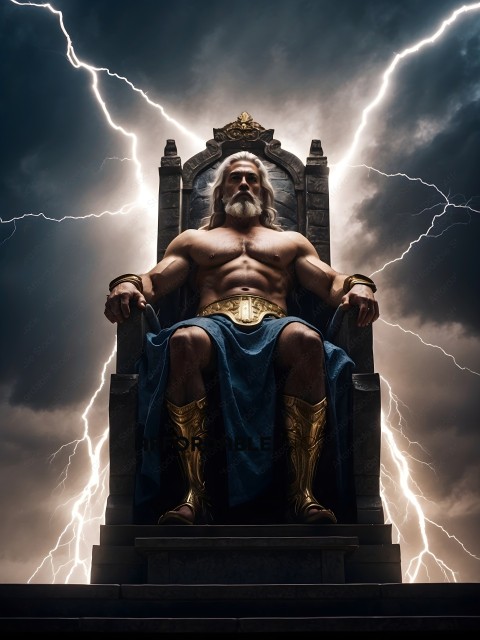 A muscular man wearing a gold crown sits on a throne with lightning in the background