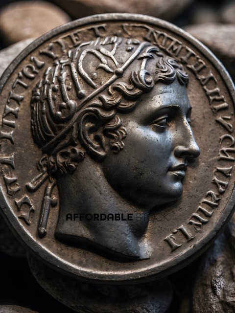 A close up of a man's face on a coin