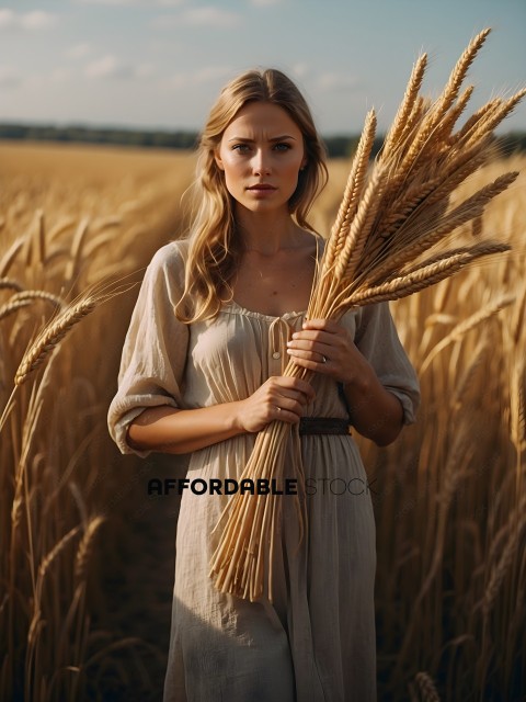 A woman in a field holding a bundle of wheat