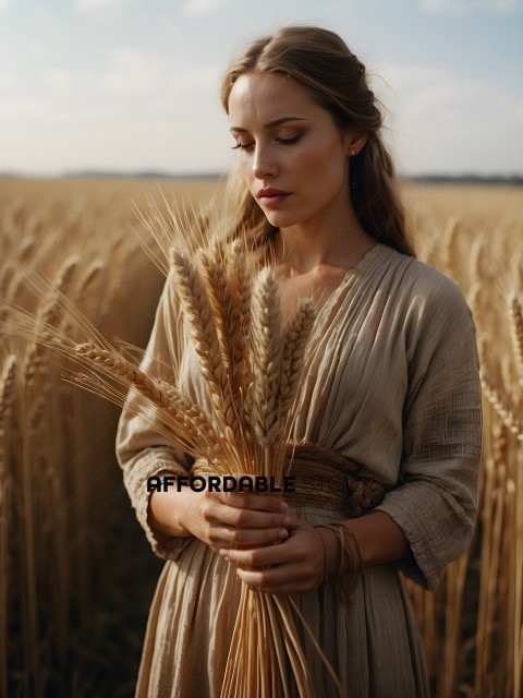 A woman in a brown dress holding a bundle of wheat