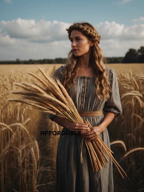 A woman in a dress holds a bundle of wheat