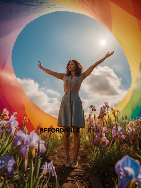 A woman in a field of flowers with a rainbow in the background