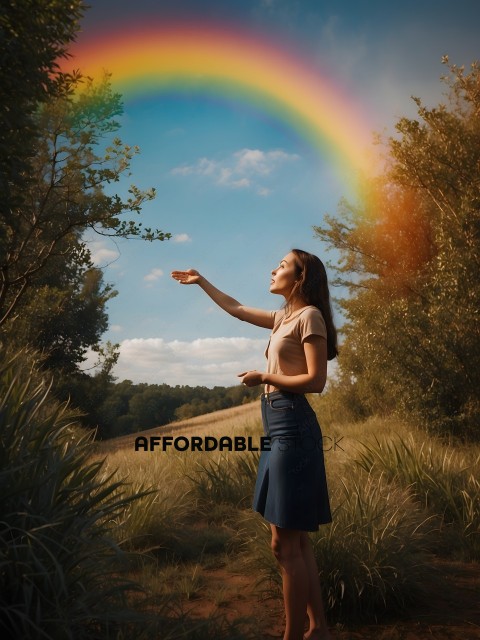 A woman in a field with a rainbow in the sky