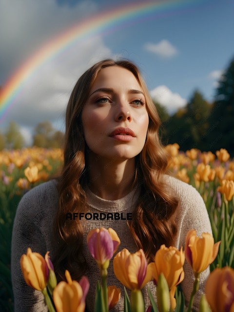 A woman with long hair and a tan sweater looking at a rainbow