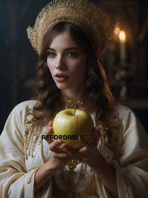 A woman in a costume holding an apple