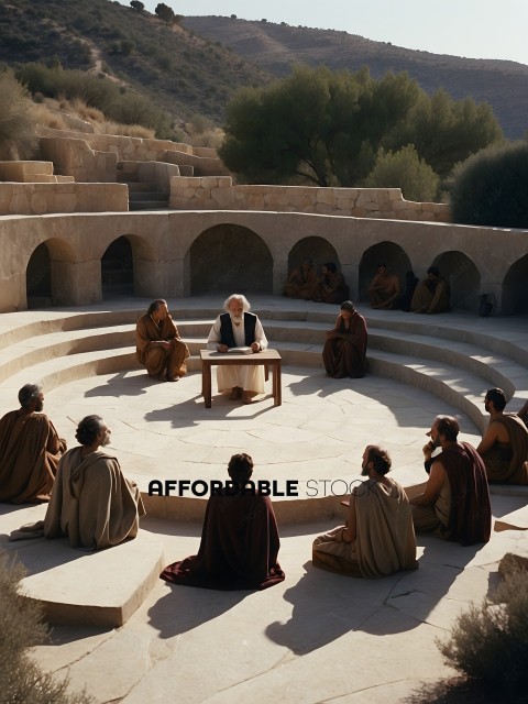 A group of people sitting in a circle listening to a man speak