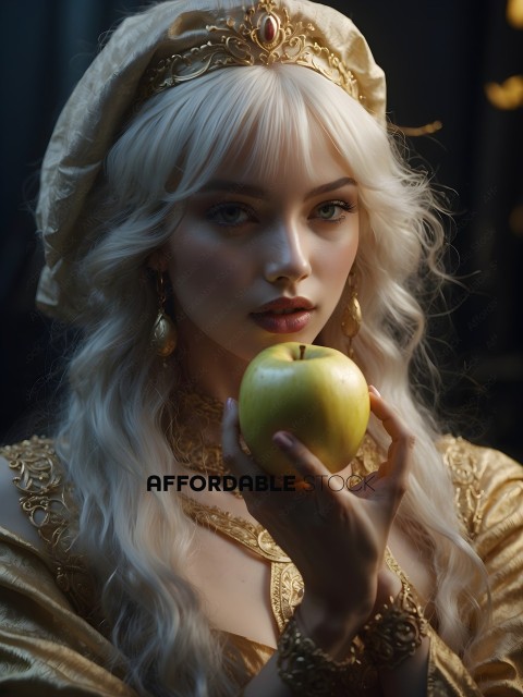 A blonde woman holding a green apple
