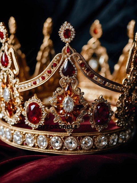 A gold crown with red and white gems