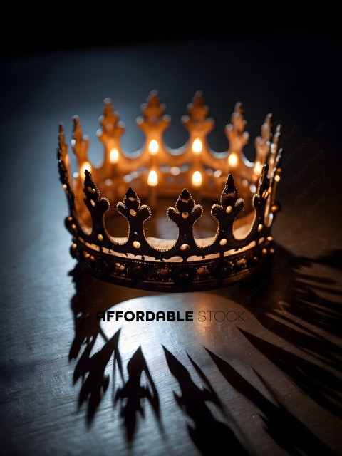 A crown with lit candles on a table