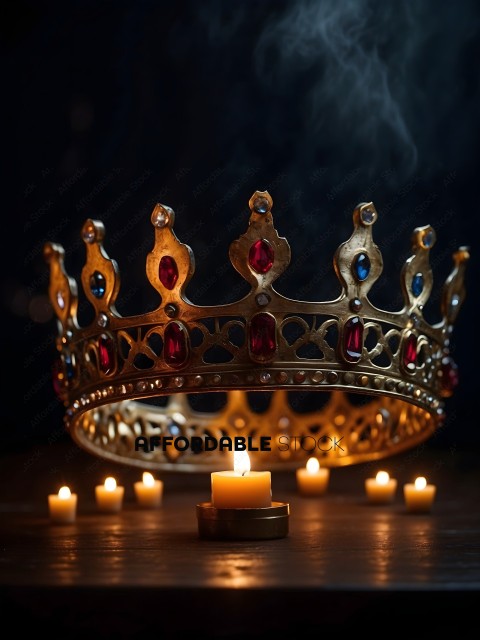 A golden crown with red and blue gems sits on a table with lit candles