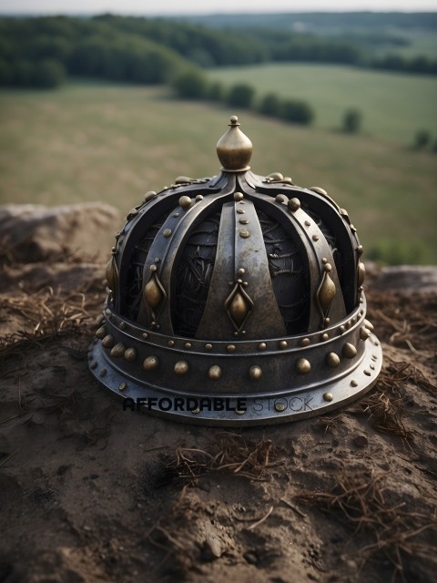 A gold crown sits on a dirt mound