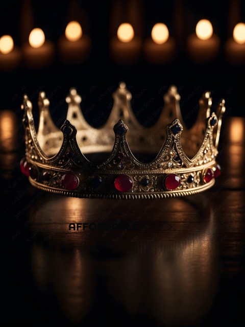 A gold crown with red and blue gems