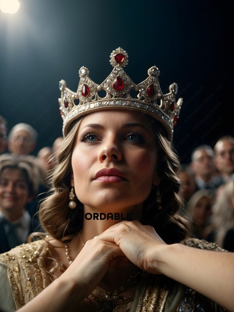 A woman wearing a crown and holding her hands together