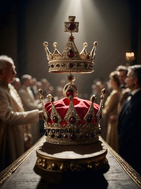 A gold crown with red jewels on top of a wooden table