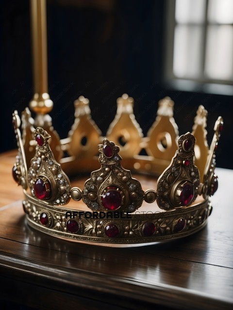 A gold crown with red jewels