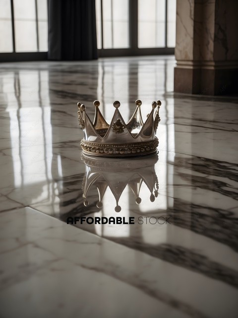 A gold crown sits on a marble floor
