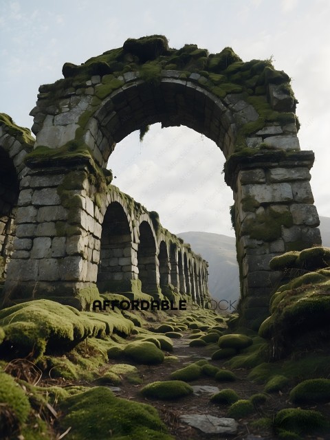 A moss covered archway with a mountain in the background