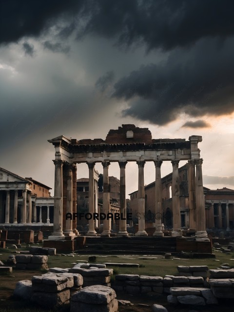 Ancient Roman Ruins with Cloudy Sky