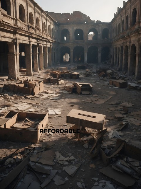 A destroyed building with a pile of boxes and rubble