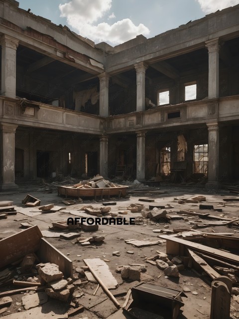 A large, empty building with rubble on the floor