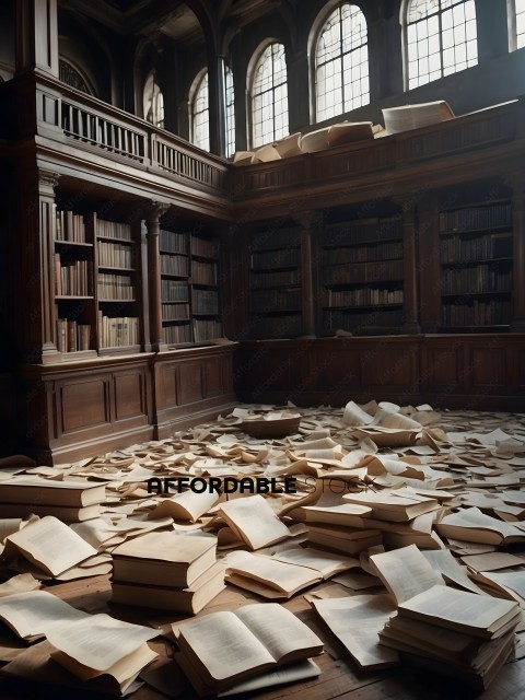 A library with a mess of books and papers on the floor