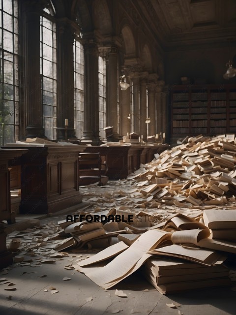 A library with a mess of books and papers
