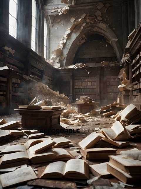 A library with a destroyed bookshelf and scattered books