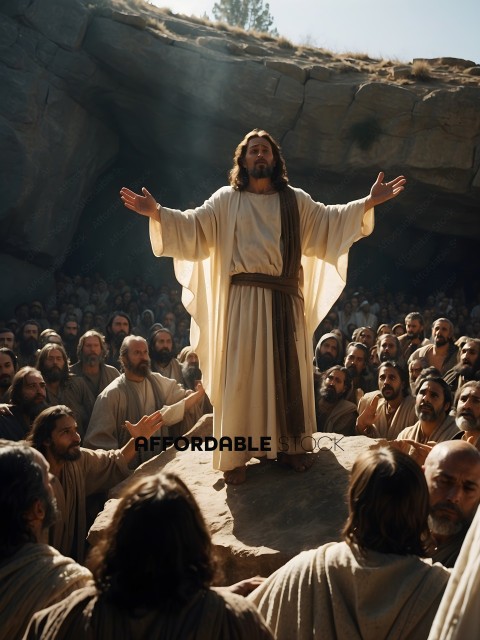Jesus Christ standing on a rock with his arms outstretched