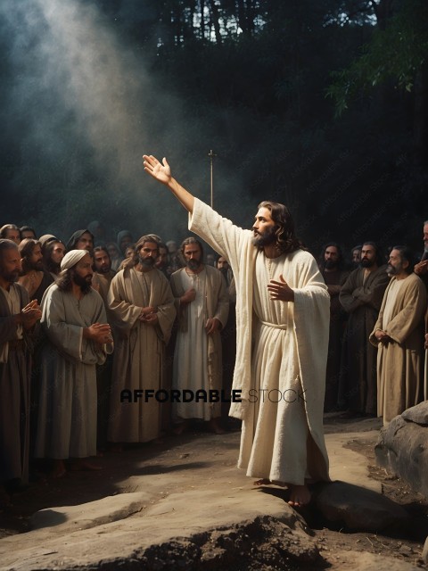Jesus in white robe with arms outstretched in front of a crowd