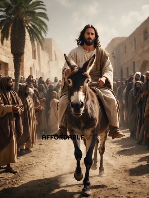 Jesus Riding Donkey Through Crowd